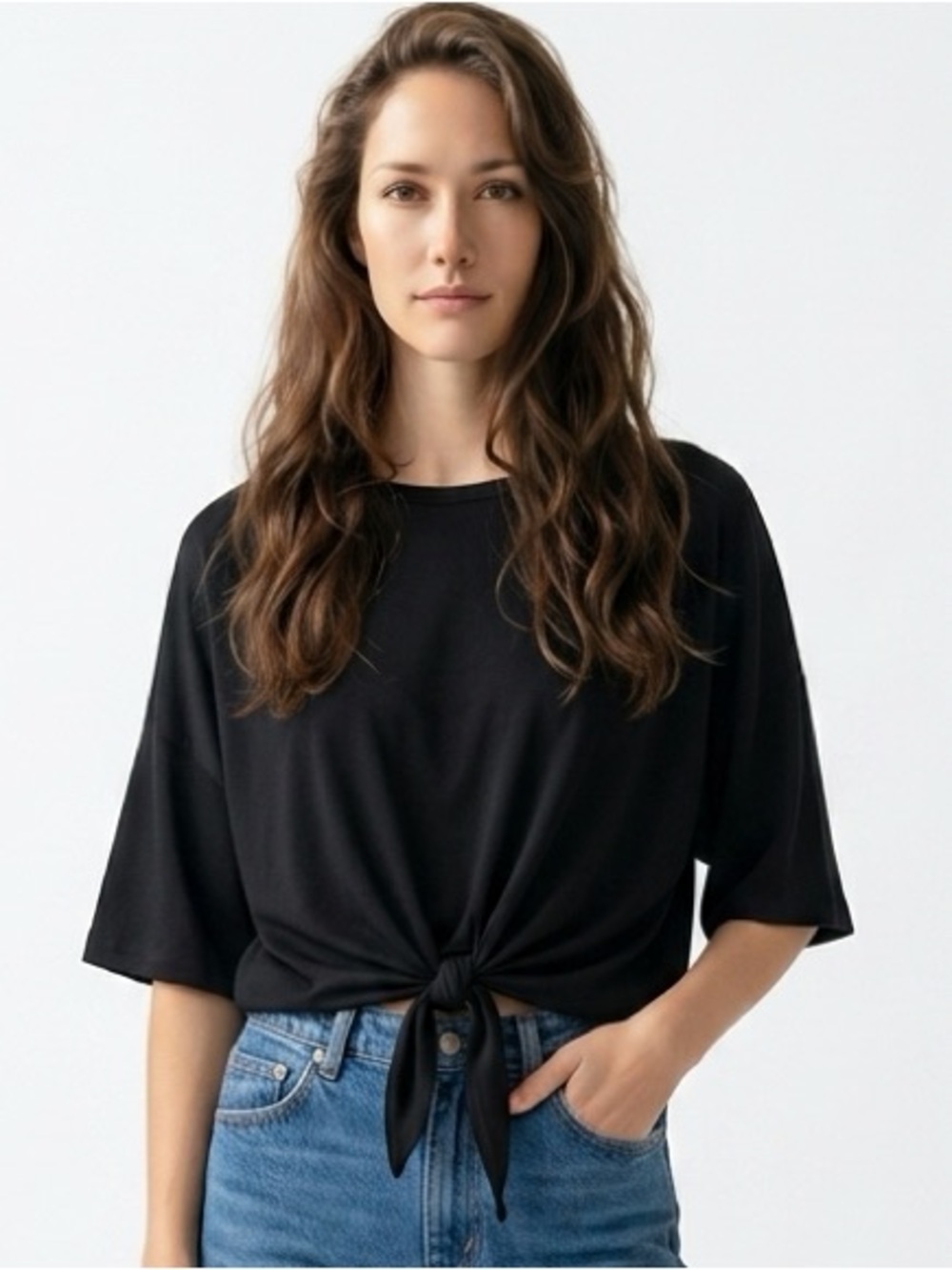 FOREVER 21 | High Low Tie Knot Front Solid Black T-Shirt Women’s Size Medium